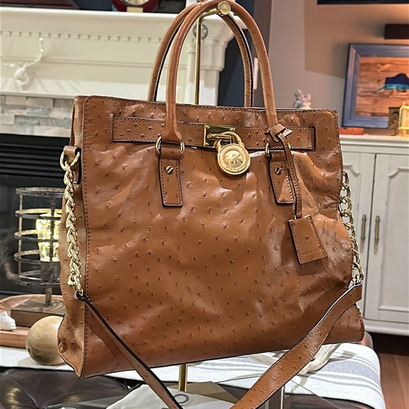 Authentic Michael Kors Large Hamilton Ostrich Embossed Leather Shoulder Satchel - Picture 5 of 16